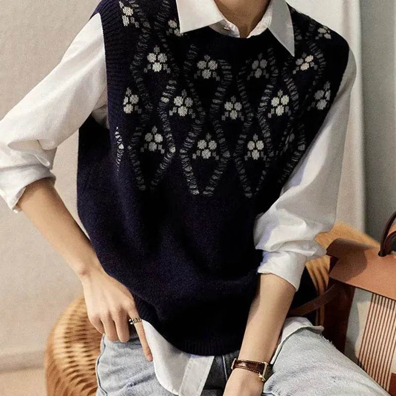 Cashmere Jacquard Sleeveless Round Neck Knitted Sweater Vest for Women - EX-STOCK Canada