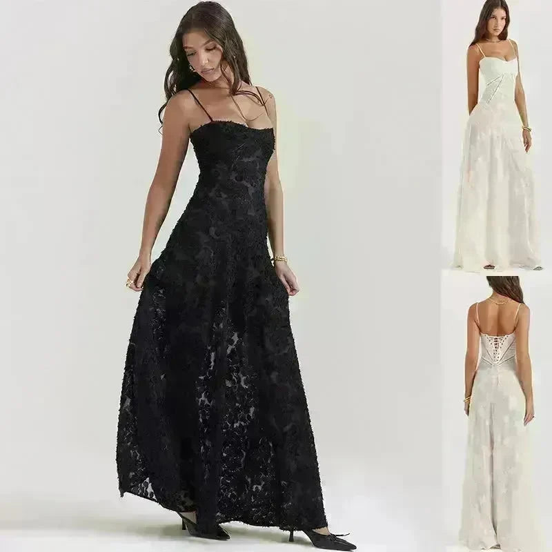 Fashion Suspender Lace Long Dress Summer Strapless Collar Elegant Evening Dresses For Women - EX-STOCK CANADA