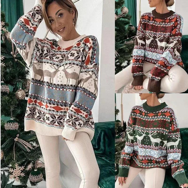 Pull à manches longues en jacquard à thème de Noël pour femmes, col rond, coupe ampleEX-STOCK Canada