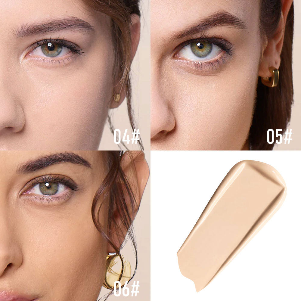 Close-up of a woman's face with different foundation shades displayed.