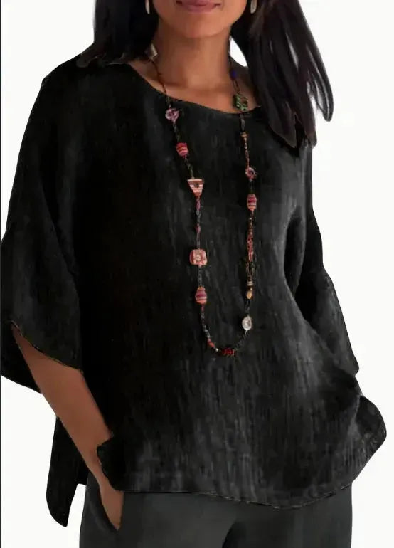 Women Fashion Casual blouse top 3/4 Sleeve Round Neck Blouses Summer Loose linen Tops Streetwear - EX-STOCK CANADA