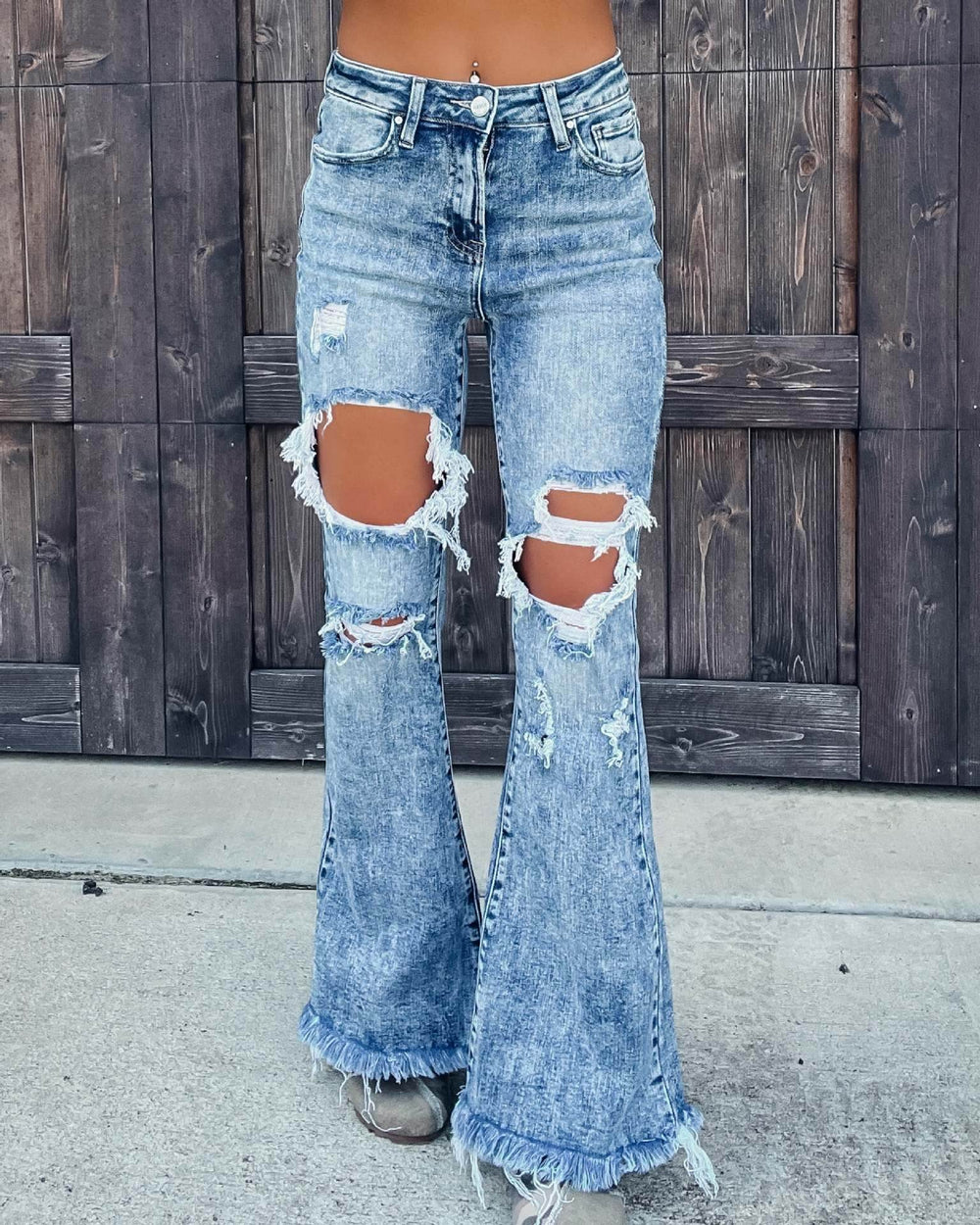 Blue Denim Ripped Flare Jeans pant for Women Raw Hem Pant - EX-STOCK Canada