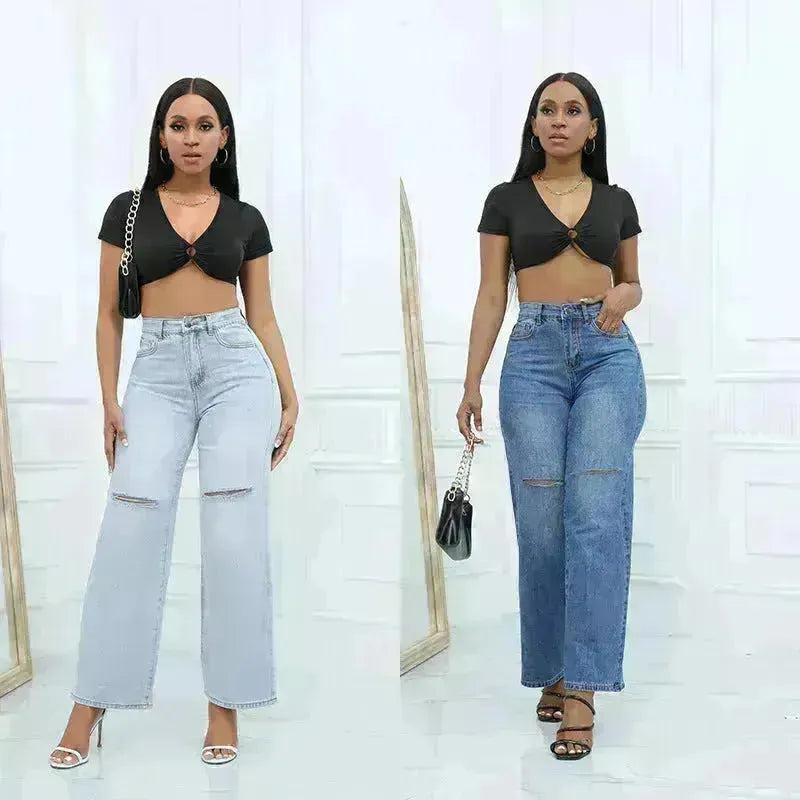 Elegant Ripped Wide-leg Baggy Jeans Pant Women