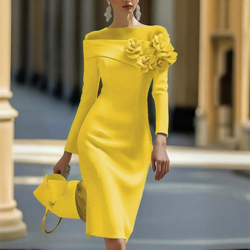 Women's Floral Embellished Long Sleeve Solid Color Round Neck A-Line Bodycon Party Dress For Spring&Summer Vacation EX-STOCK