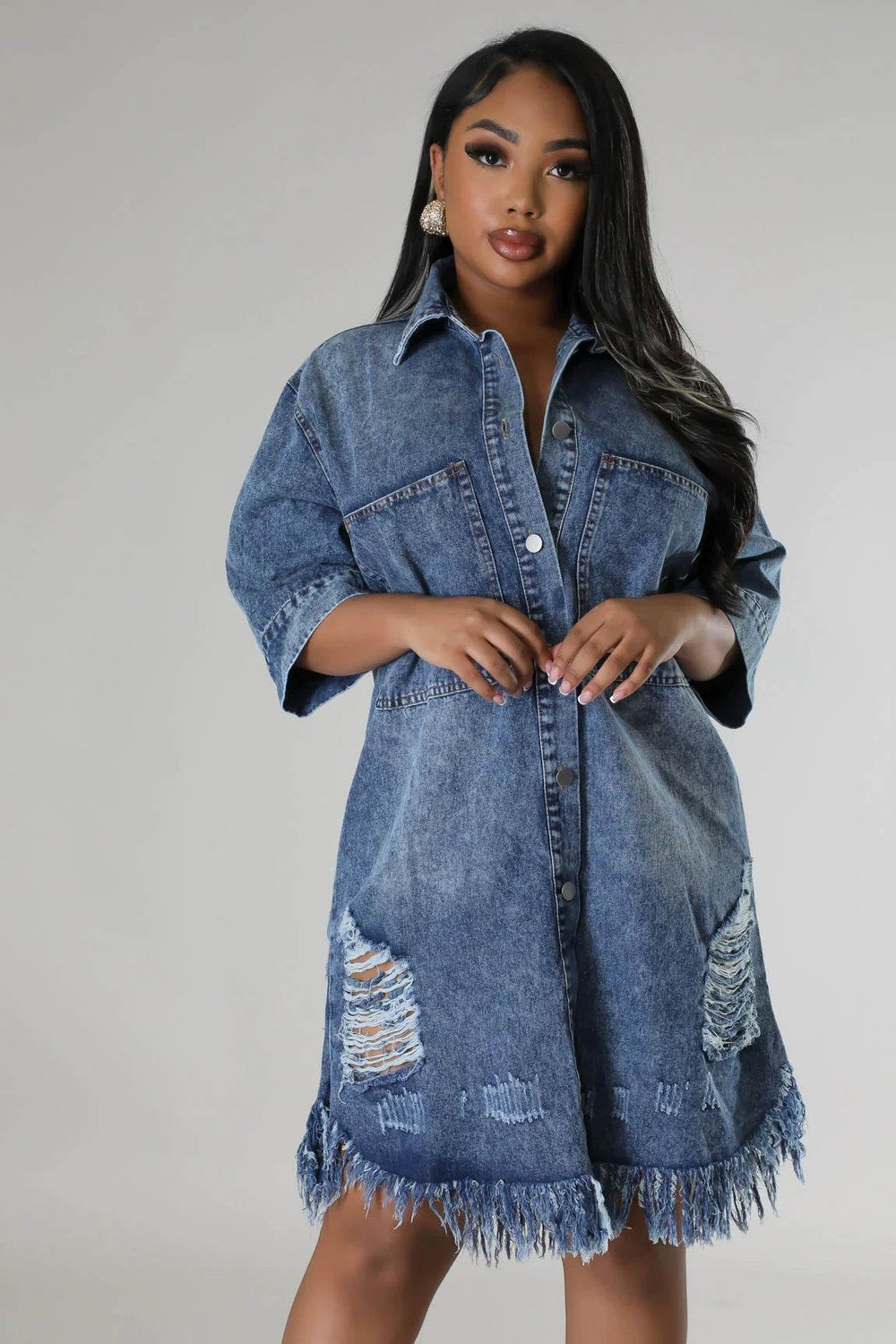 Women's Fashion 3/4 sleeve Mid Length loose Denim Jeans Dress - EX-STOCK Canada