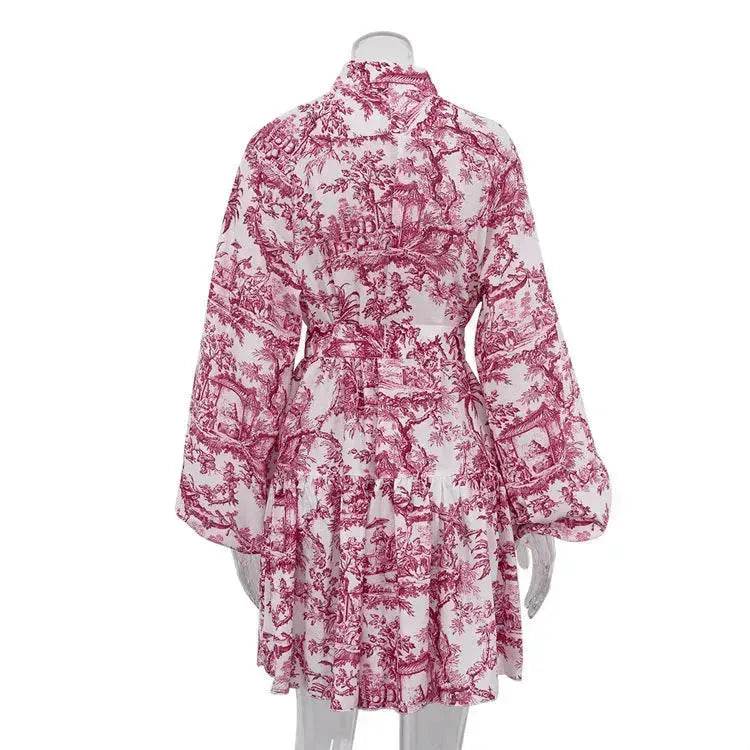 Ink Print Long Sleeve Floral Short Mini Skater Dress With Fashion Puffy Sleeve Lapel Tie A-Line Dress Clothing - EX-STOCK Canada