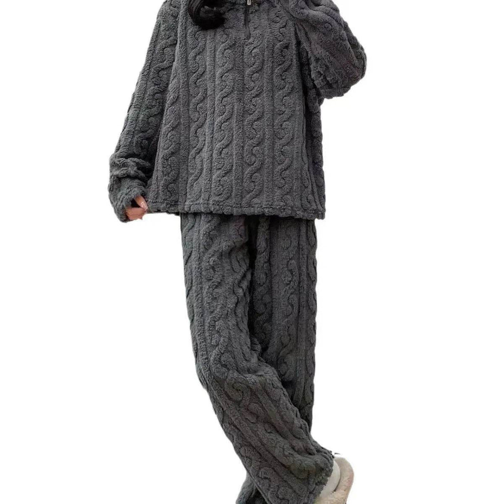 Autumn And Winter New Twist Zipper Couple Fleece-lined Thick Coral Fleece Pajamas Homewear Loungewear Sleepwear For Sleeping - EX-STOCK Canada