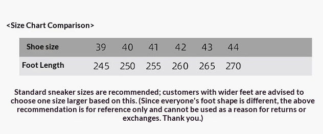 Size chart comparison for shoe sizes 39 to 44 with foot length measurements.