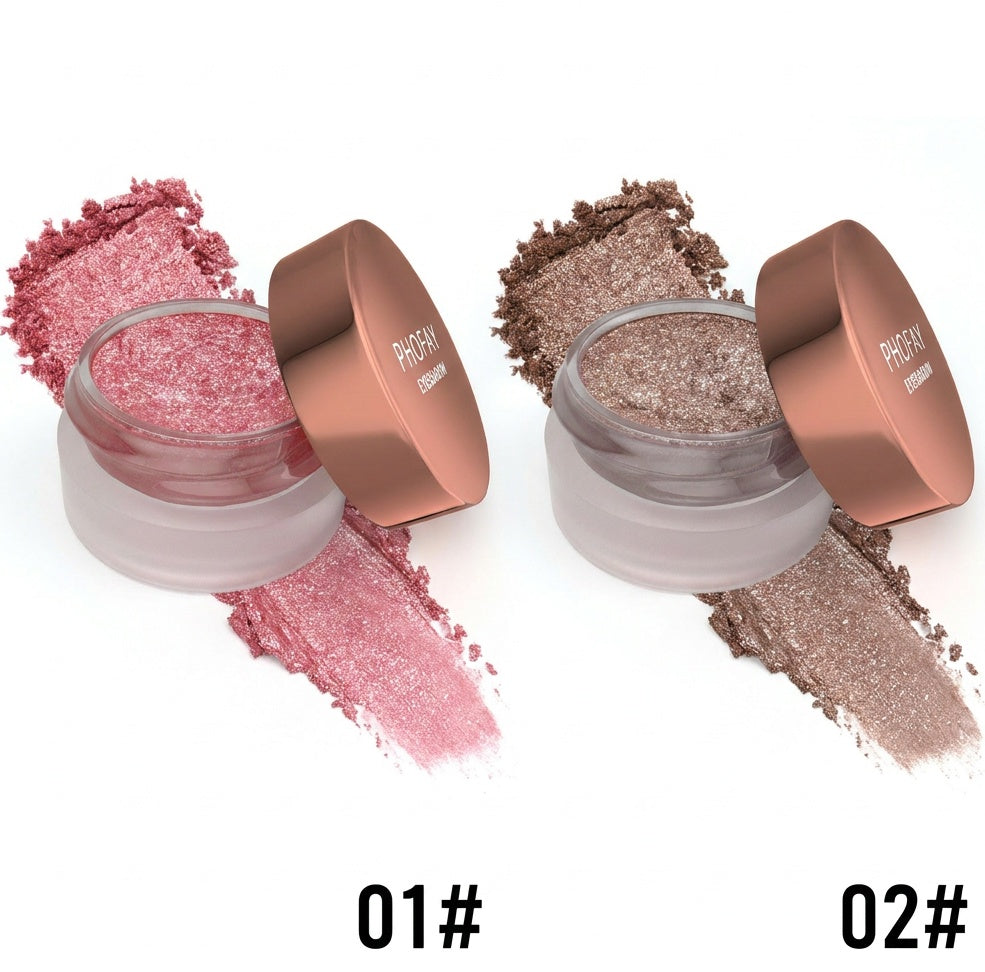 Two open jars of glittery makeup with swatches on a white background, featuring the brand 'PHB Ethical Beauty'.