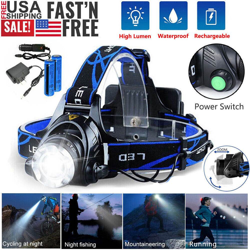LED Headlamp Rechargeable Head Torch Zoom Headlight Lamp Super Bright Flashlight 3 Modes Light With 2 Li-ion Batteries 2 Charger - EX-STOCK Canada