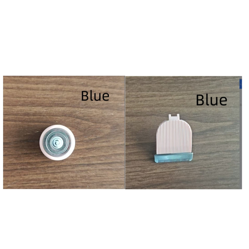 Two grooming tools labeled 'Blue' on a wooden background