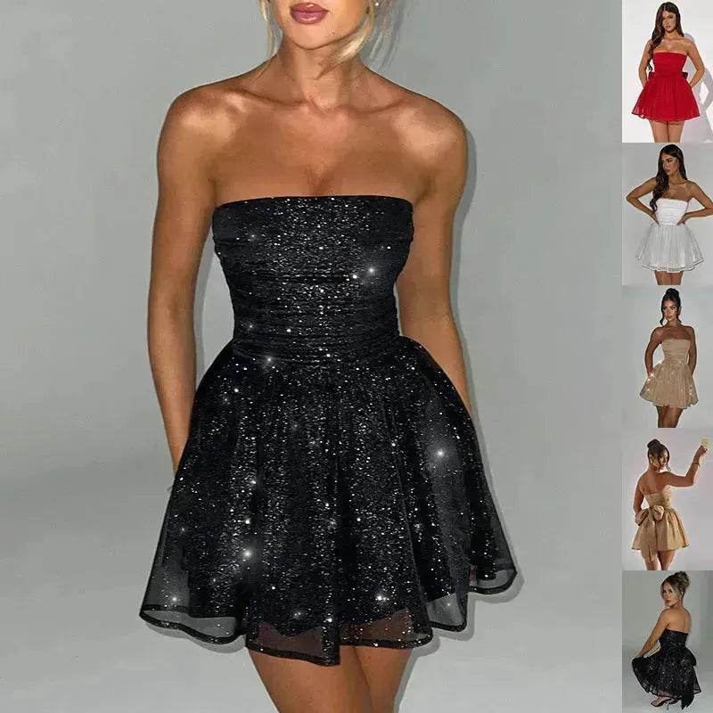 Tube Top Lace Dress With Back Bow-knot Summer Fashion Temperament Mesh Stitching Off-neck Short Mini Skater Dress - EX-STOCK Canada