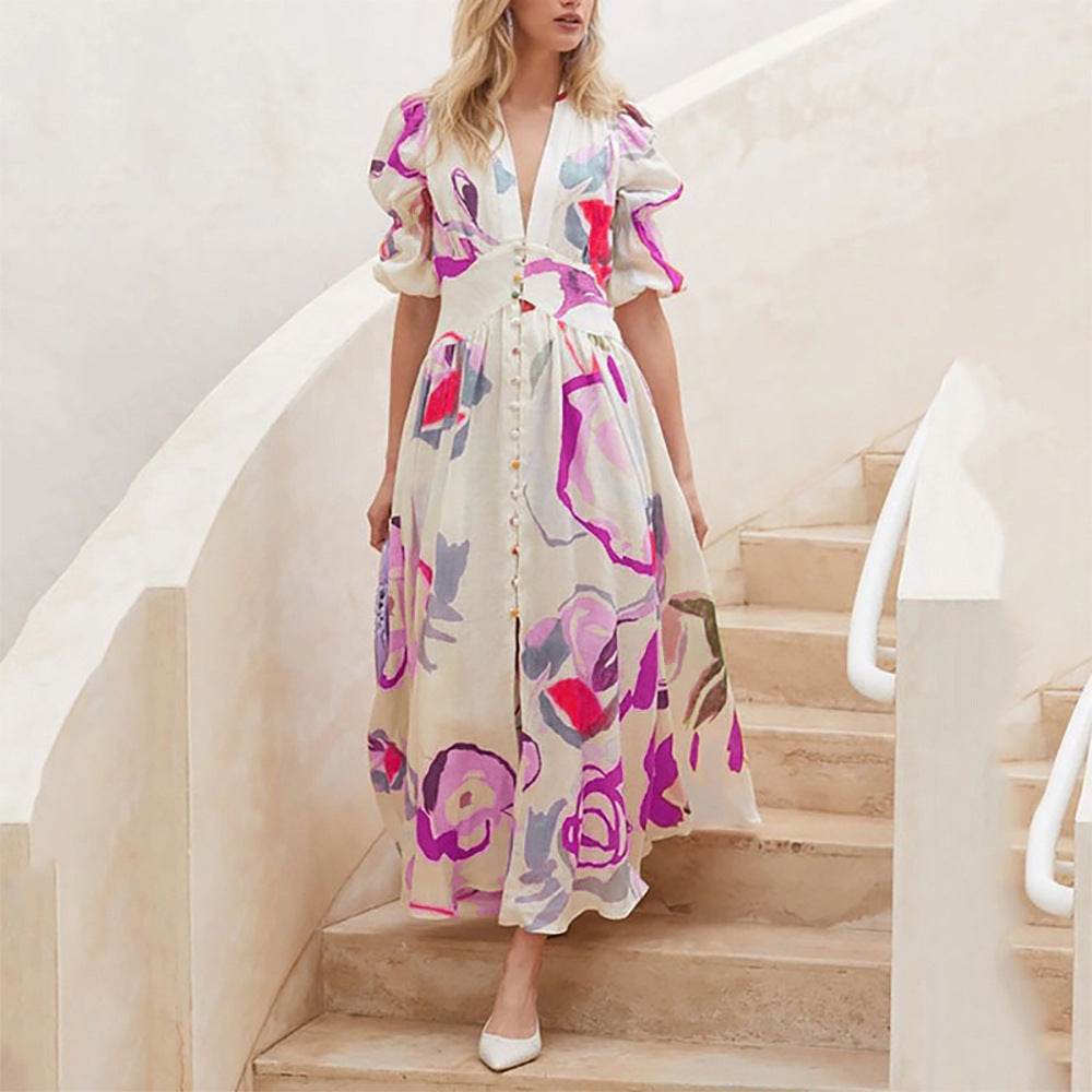 Summer Print Dresses V-neck Button Short Sleeve Midi Dress - EX-STOCK Canada