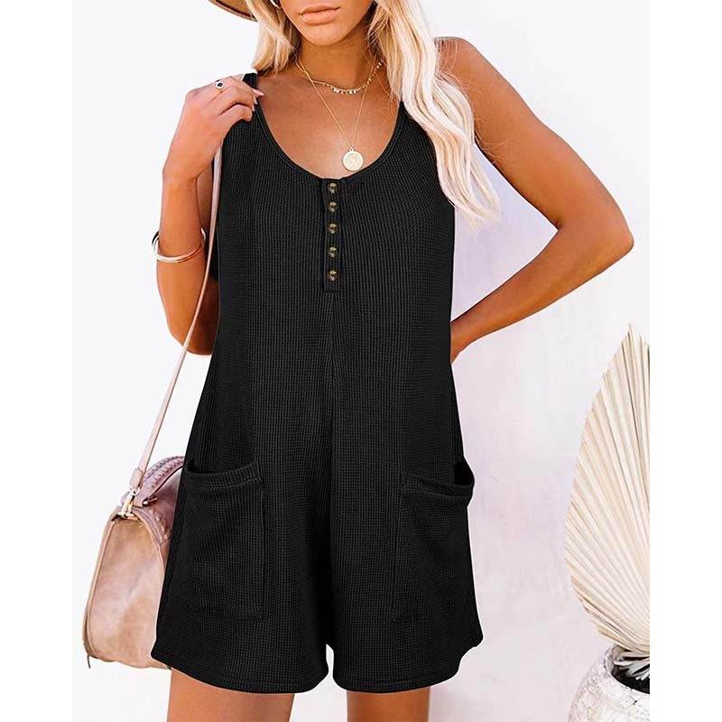 Women's Button Front Romper Jumpsuit With Pockets Casual Solid Color Sleeveless Summer Jumpsuit - EX-STOCK Canada