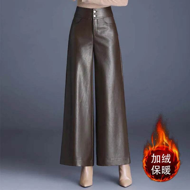High Waist Thick Loose Big Leg Straight All-matching Wide Leg Leather trouser Pants For Women - EX-STOCK Canada