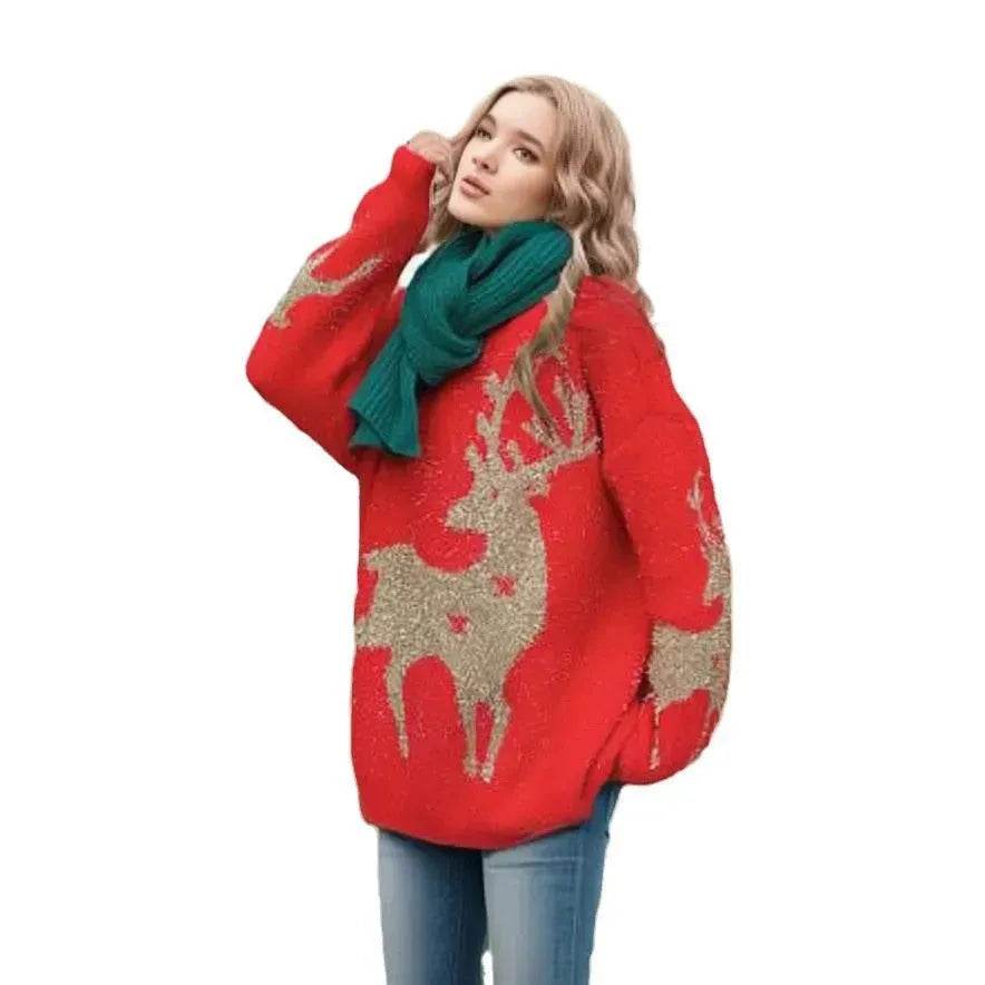 Christmas Deer Snowflakes Knit Sweater Pullover Round Neck Christmas Elk - EX-STOCK Canada
