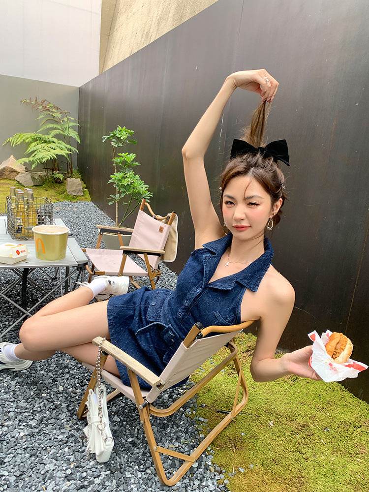 Mini Sleeveless Sheath Denim jeans halter neck Dress - EX-STOCK Canada