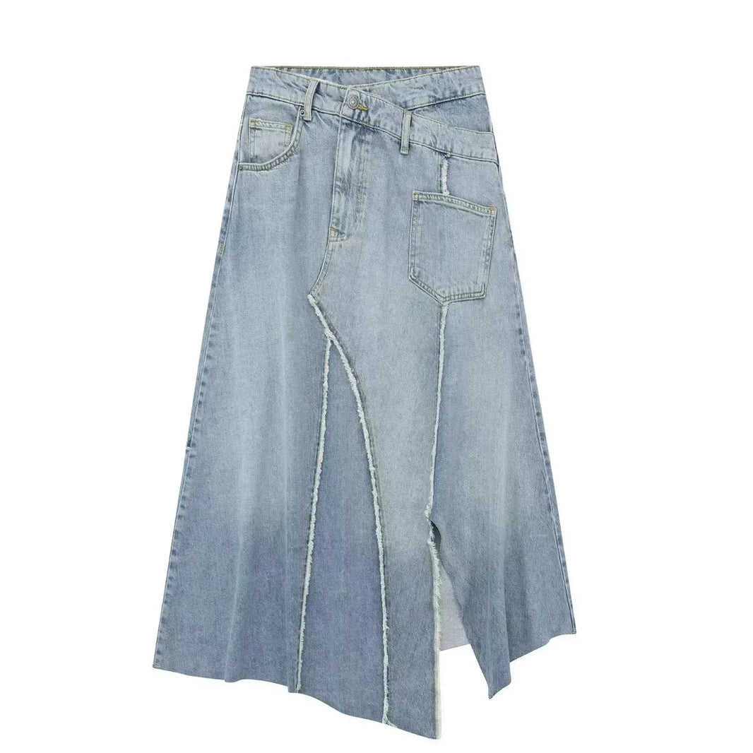 Fashionable Asymmetric High Waist Midi Denim Split Skirt - EX-STOCK CANADA
