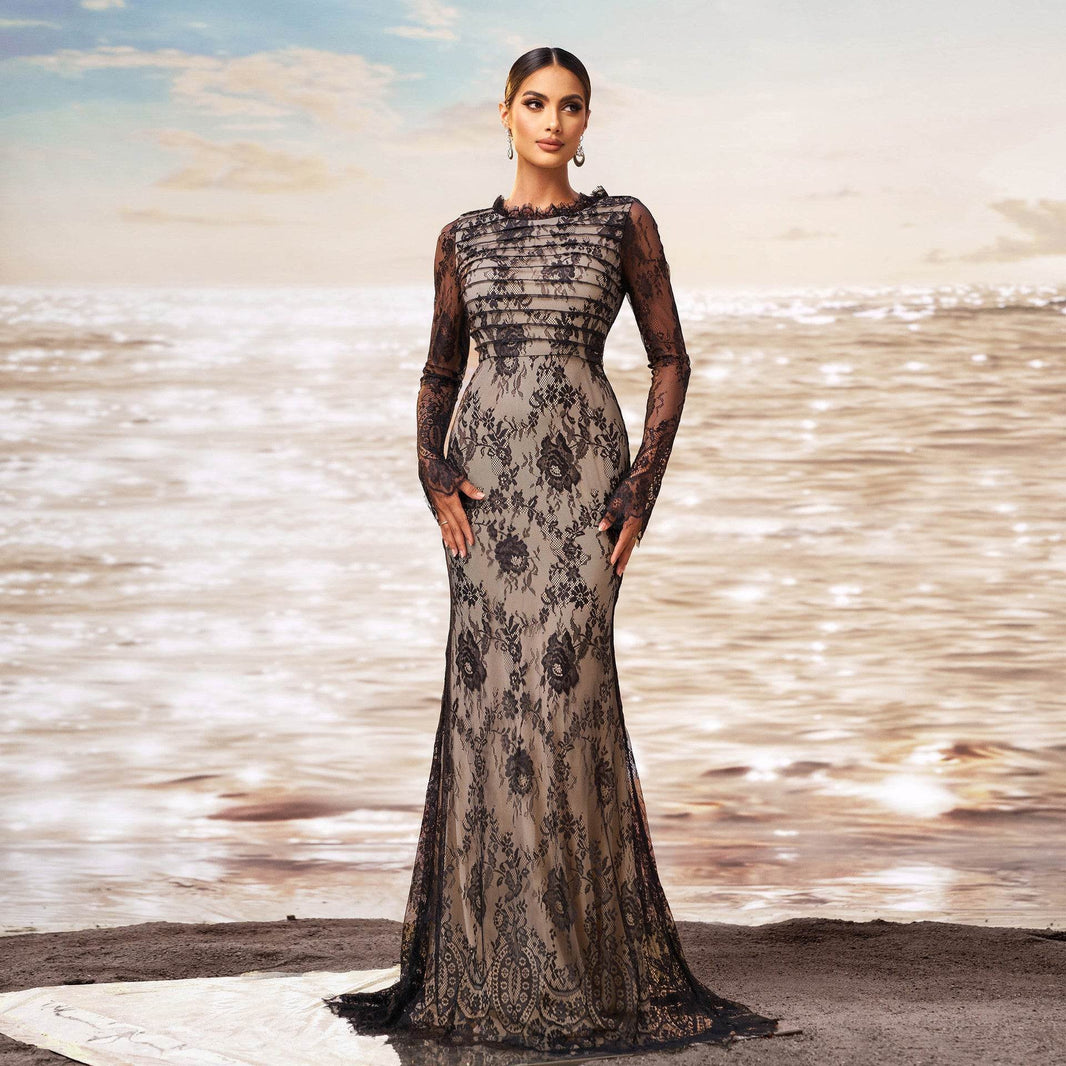 Elegant Long Sleeve Gauze Sheath Fishtail Evening Party Dress - EX-STOCK Canada