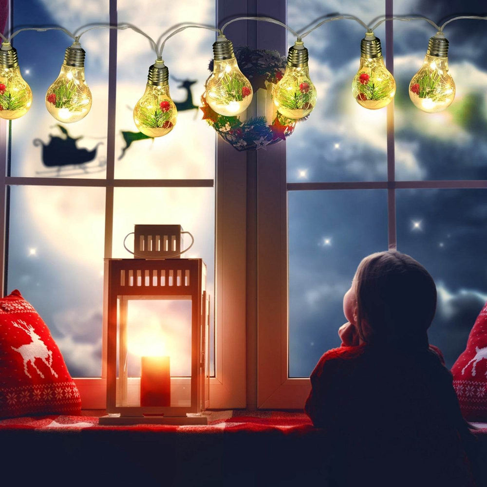 1Pc 13.78FT Christmas Snow Globe String Light Battery Powered 10 LED Bulbs Indoor Christmas Lights With Pine Needles Snowflakes Berries - EX-STOCK Canada