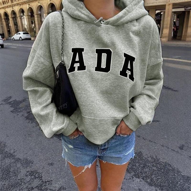 Felpa con cappuccio casual e versatile con lettere, linea ampia, con fodera in pile per donnaEX-STOCK Canada