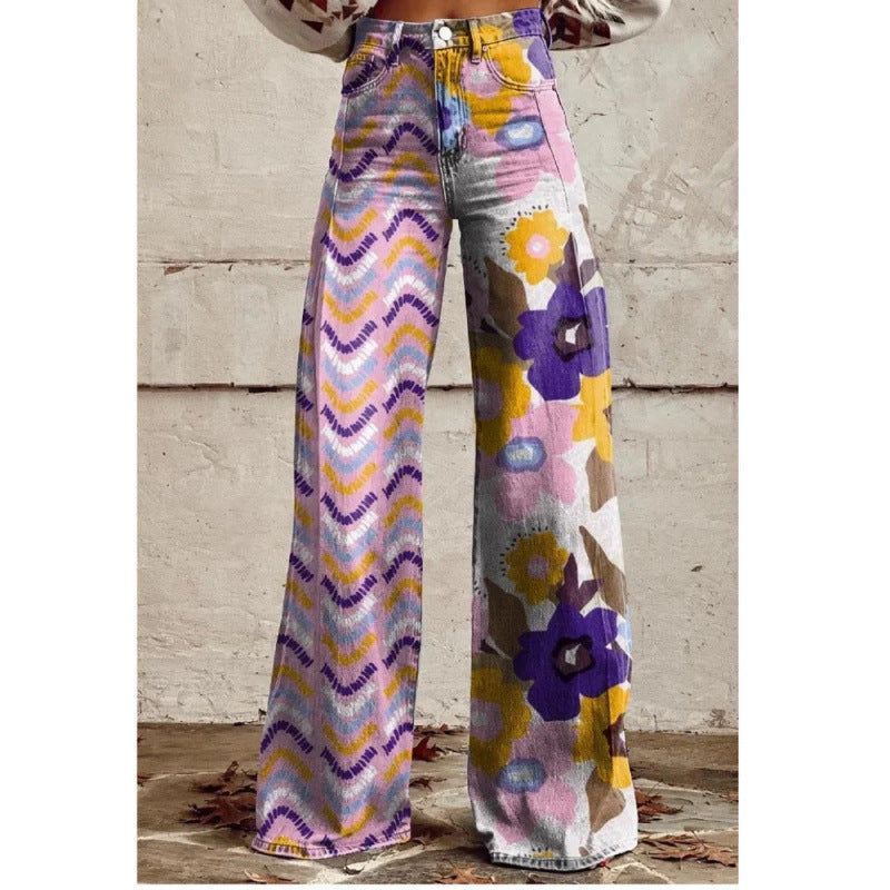 Thermal Transfer Bell-bottom Pants Simulation Denim Trousers Loose Pants