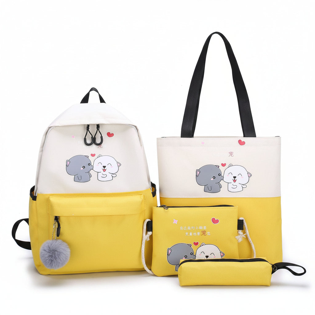 4-Piece Kids' Cartoon Cat School Backpack Set – Cute Waterproof Campus Bag (Yellow, Green, Blue, Black, Orange)