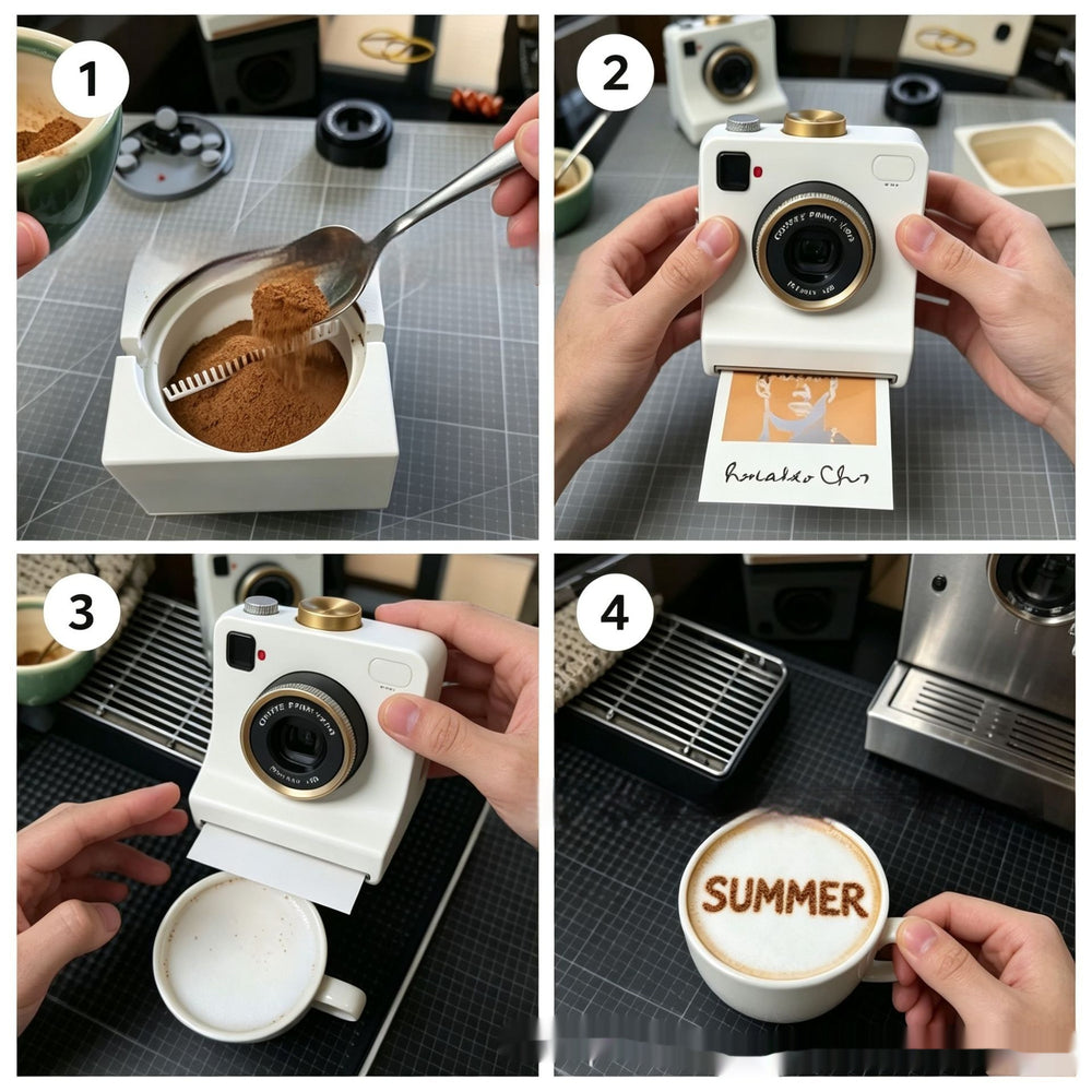 A four-panel collage showing a white instant-camera-style coffee maker being used to brew coffee. Step 1 shows brown powder being poured into the cup holder.