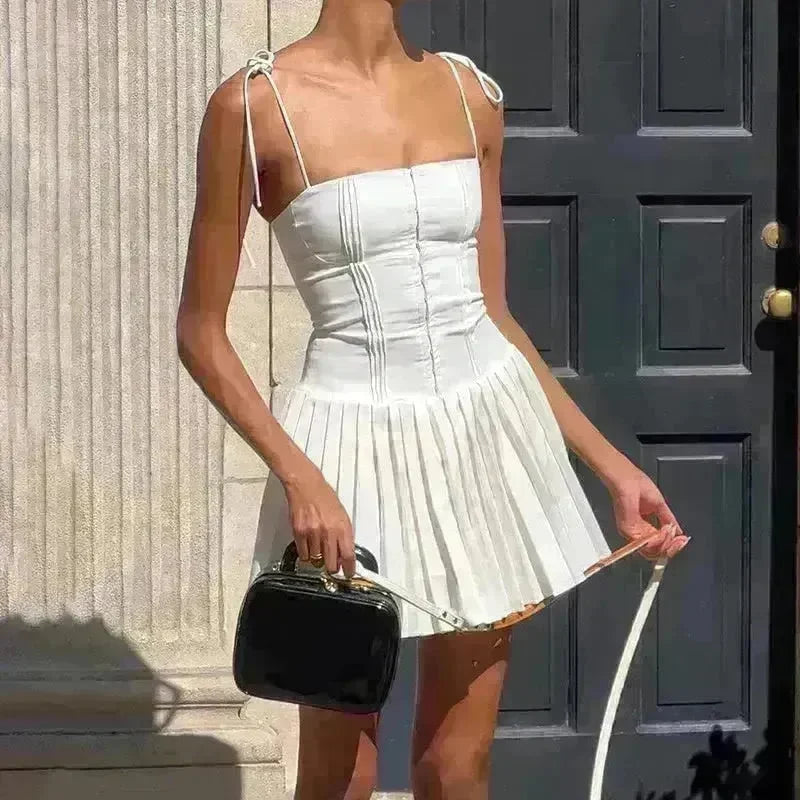 Summer Strappy Suspender Corset Dress French Style Slim Single Breasted Bodycon Pleated Skirt Party Dresses For Women Mini Skater White Dress for Chic Ladies - EX-STOCK CANADA