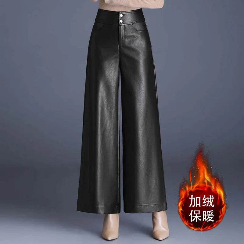 High Waist Thick Loose Big Leg Straight All-matching Wide Leg Leather trouser Pants For Women - EX-STOCK Canada