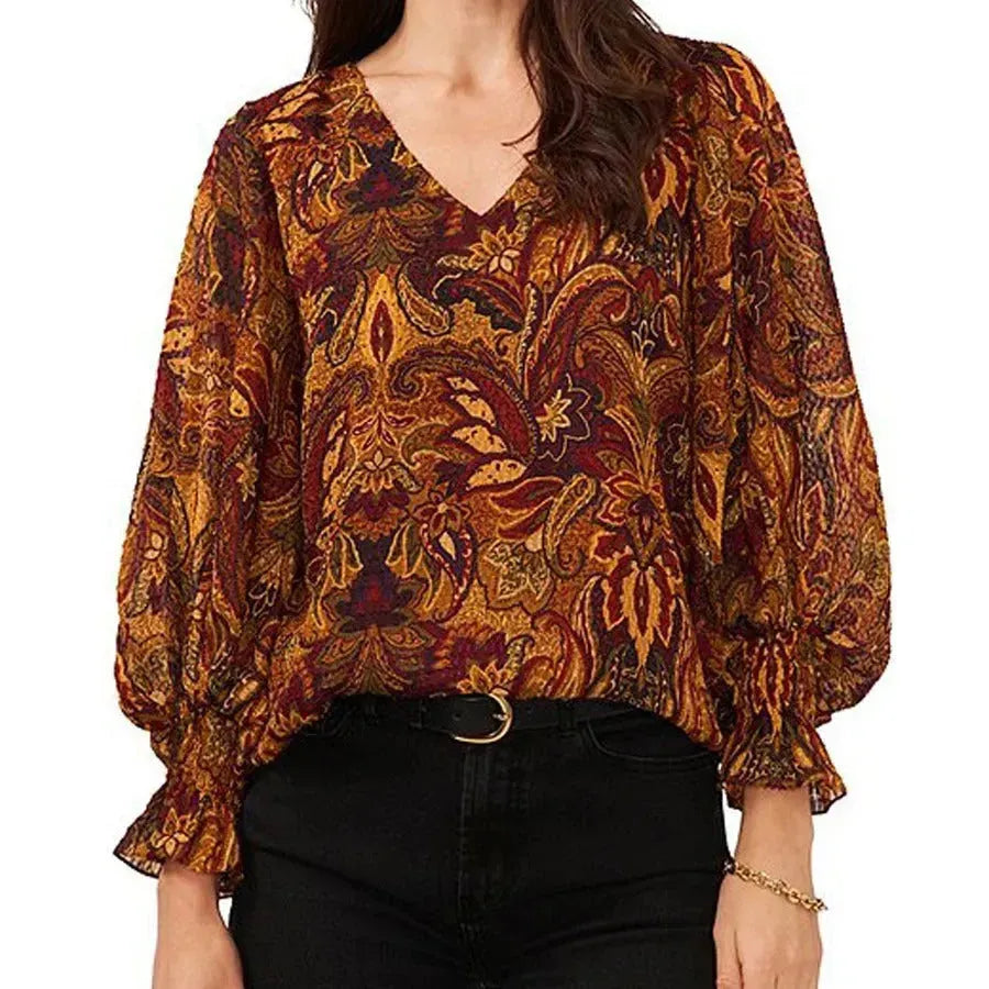 Beautiful Printed V-neck Lantern sleeve blouse top for women - EX-STOCK CANADA