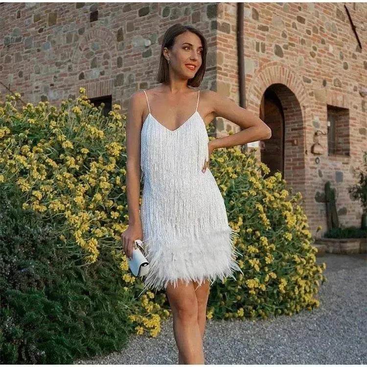 Elegant Chic Spaghetti Strap Luxury Tassel Sequins Feather Women’s Mini Dress for Evening Party, Cocktail Wedding Guest. - EX-STOCK Canada