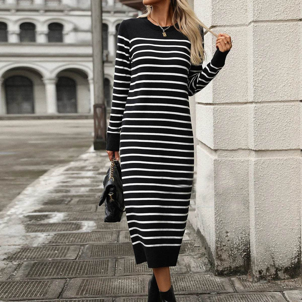 Slim Striped Printed Long Cashmere Dress Autumn And Winter Long Sleeve Dresses For Women - EX-STOCK Canada