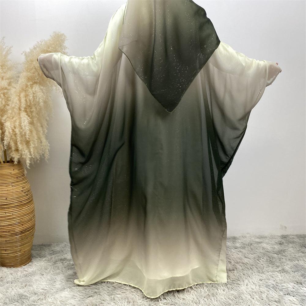 Middle East Muslim Chiffon Cardigan Gradient Batwing Sleeve With Headscarf Suit - EX-STOCK Canada