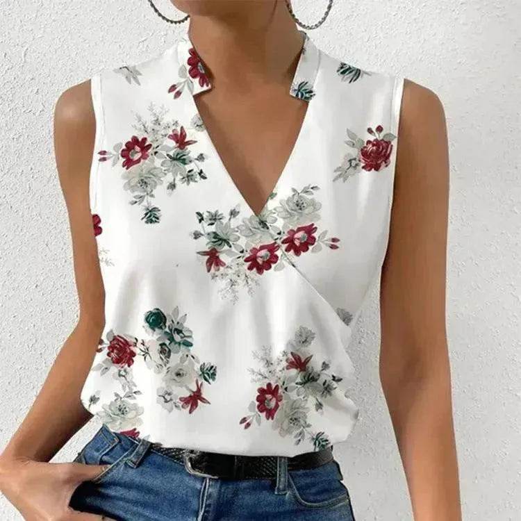 Casual Printed Tops Summer V-neck Sleeveless blouse evening top women - EX-STOCK Canada