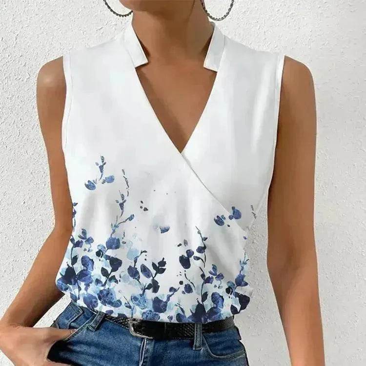 Casual Printed Tops Summer V-neck Sleeveless blouse evening top women - EX-STOCK Canada