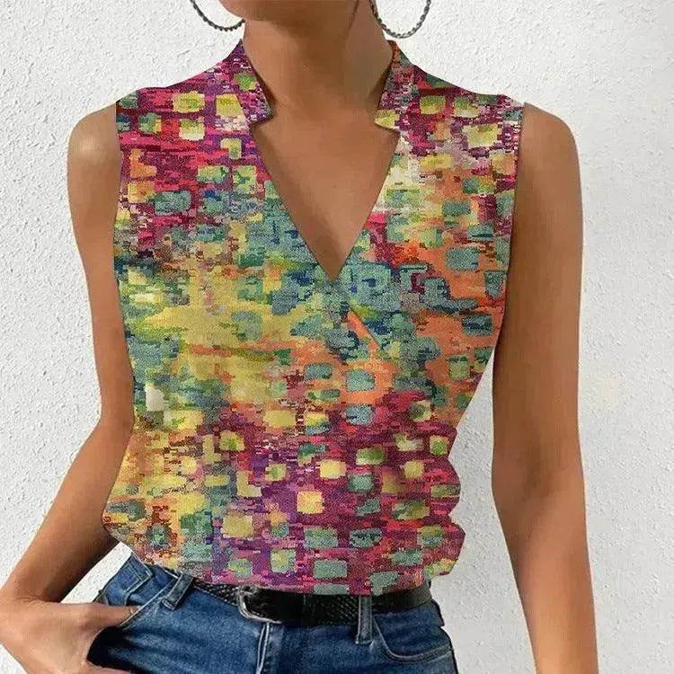 Casual Printed Tops Summer V-neck Sleeveless blouse evening top women - EX-STOCK Canada