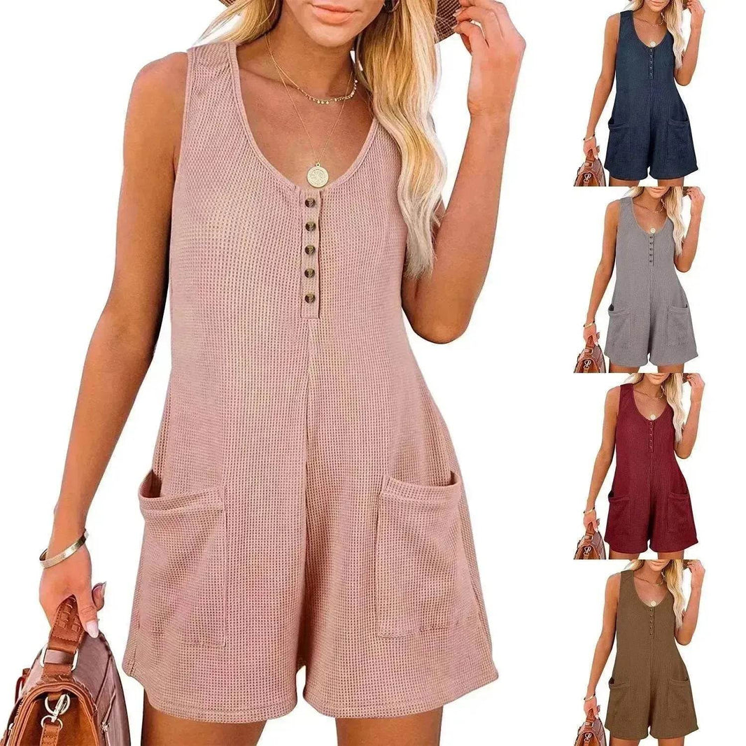 Casual Waffle Button Jumpsuit With Pockets Fashion Summer Beach Straight Shorts Overall Pants Womens Clothing - EX-STOCK Canada