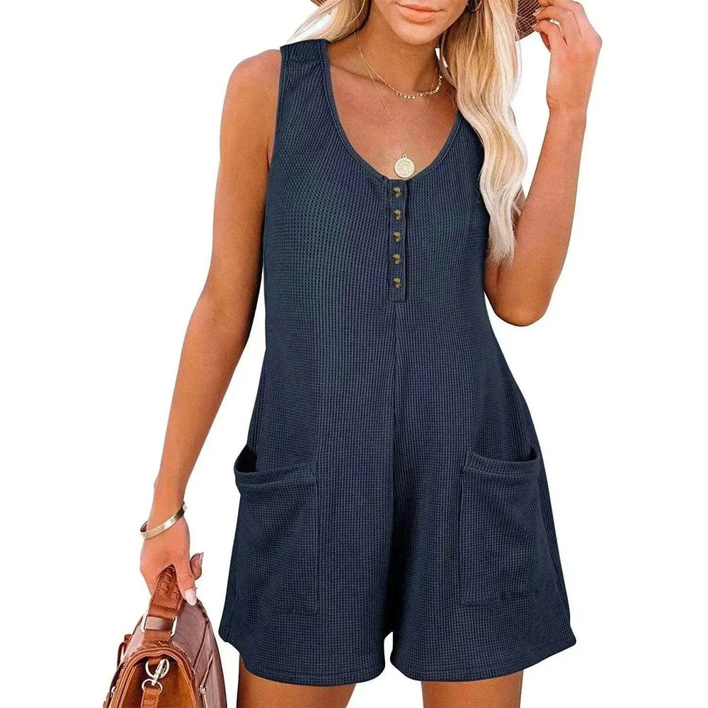 Casual Waffle Button Jumpsuit With Pockets Fashion Summer Beach Straight Shorts Overall Pants Womens Clothing - EX-STOCK Canada