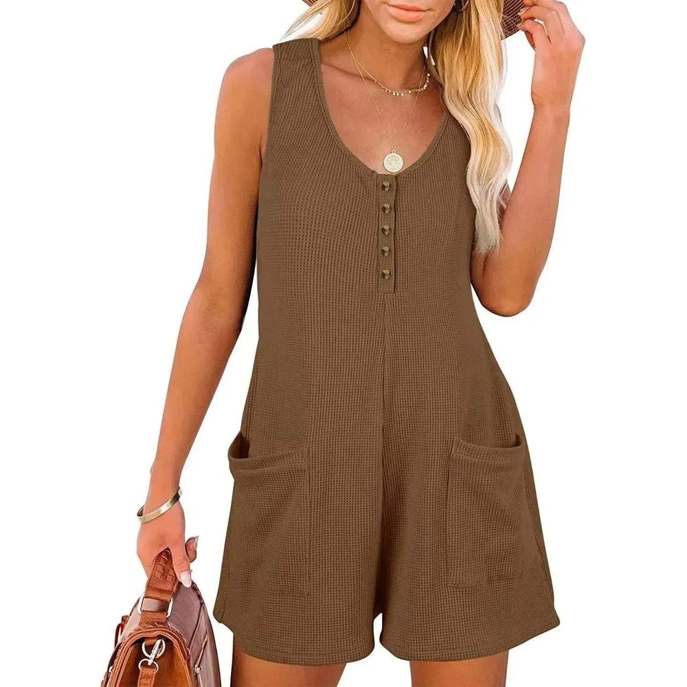 Casual Waffle Button Jumpsuit With Pockets Fashion Summer Beach Straight Shorts Overall Pants Womens Clothing - EX-STOCK Canada
