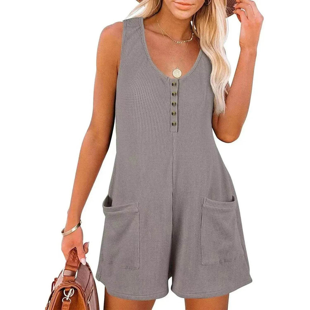 Casual Waffle Button Jumpsuit With Pockets Fashion Summer Beach Straight Shorts Overall Pants Womens Clothing - EX-STOCK Canada