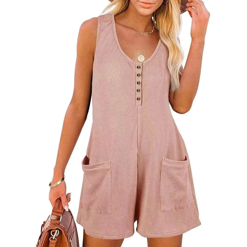 Casual Waffle Button Jumpsuit With Pockets Fashion Summer Beach Straight Shorts Overall Pants Womens Clothing - EX-STOCK Canada