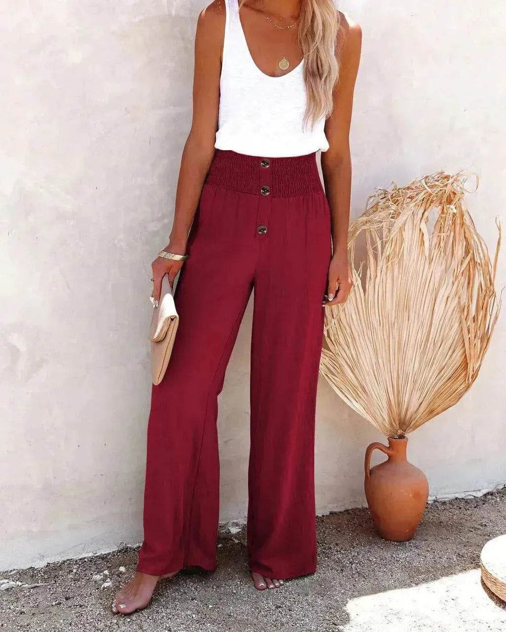 Casual Women's Button Color Elastic Waist Trousers Wide Leg Pants - EX-STOCK Canada