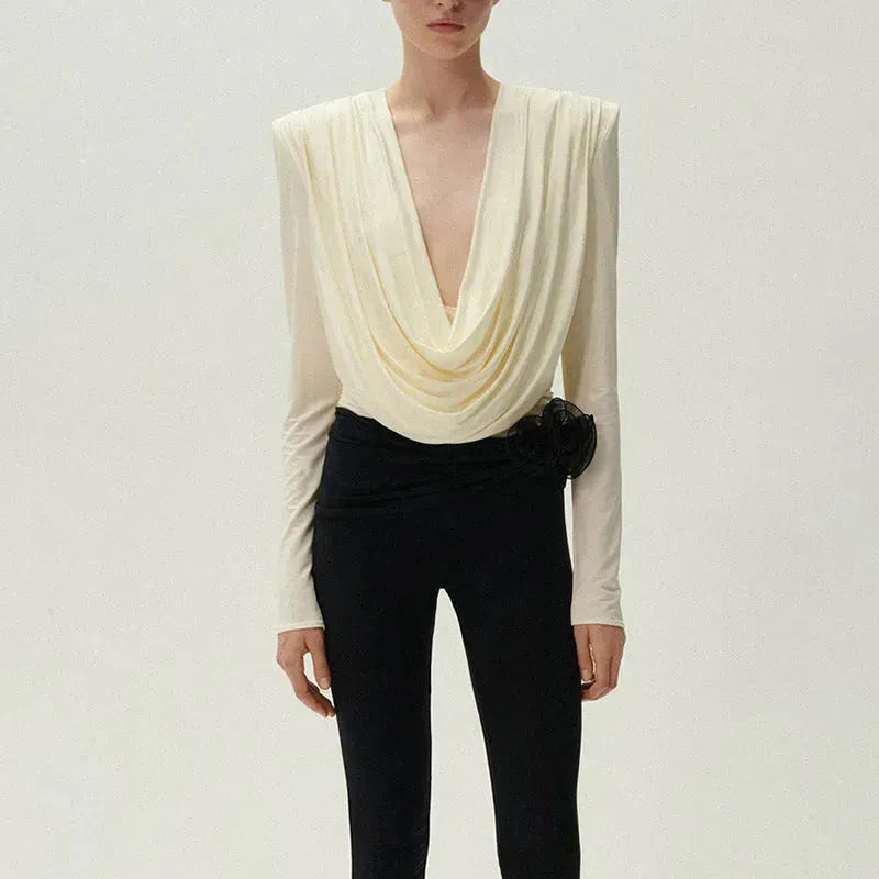 Top Fashion Swing pleated draping cowl neck blouse top - EX-STOCK CANADA