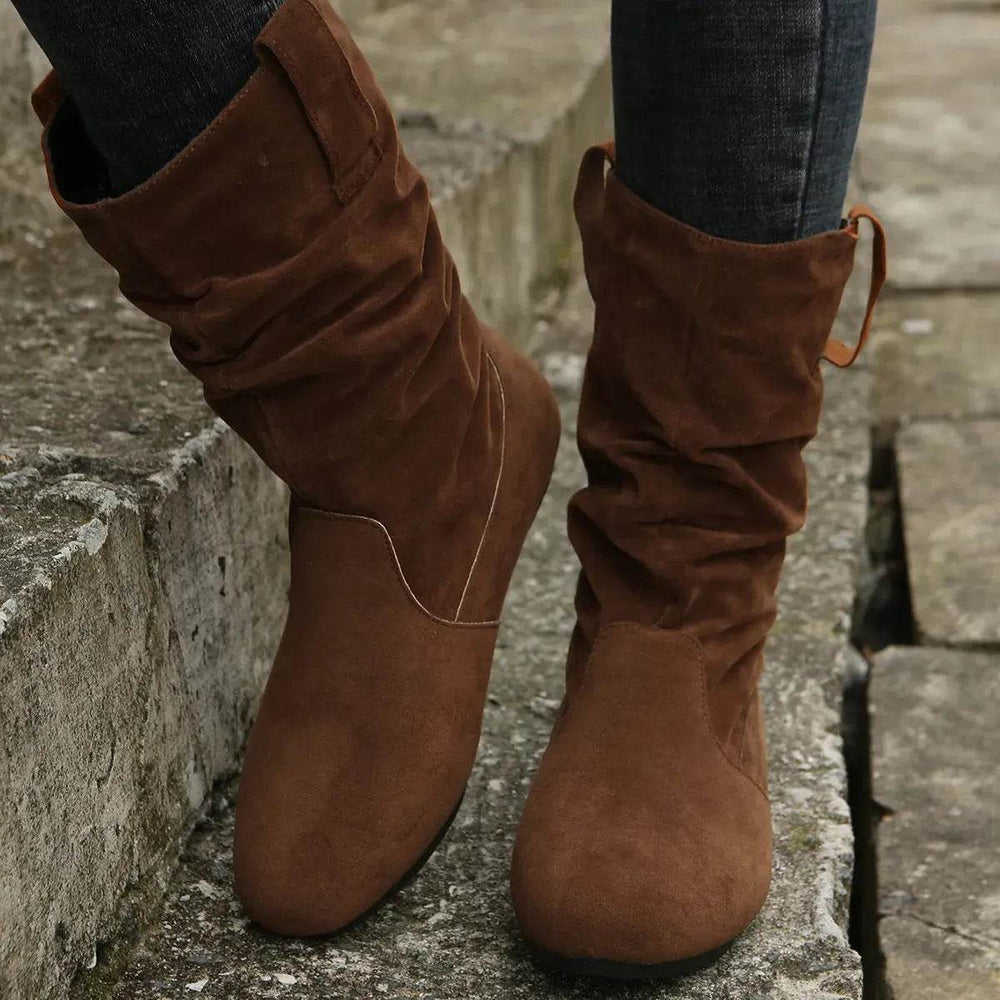 Round Toe Flat Boots Fashion Solid Color Suede Mid-calf Boot Winter Warm Shoes For Women - EX-STOCK Canada