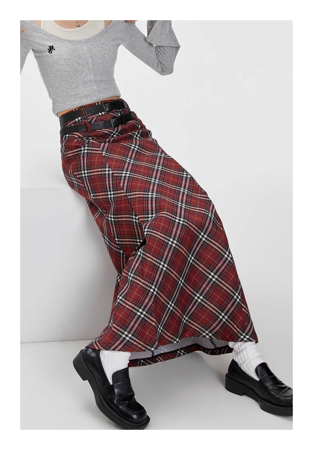 Retro Plaid High Waist student maxi Skirt - EX-STOCK Canada