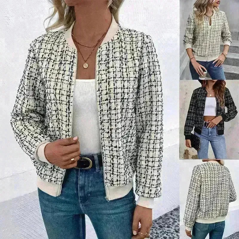 Autumn Winter Casual Long Sleeve plaid Houndstooth zipper outwear jacket women - EX-STOCK CANADA