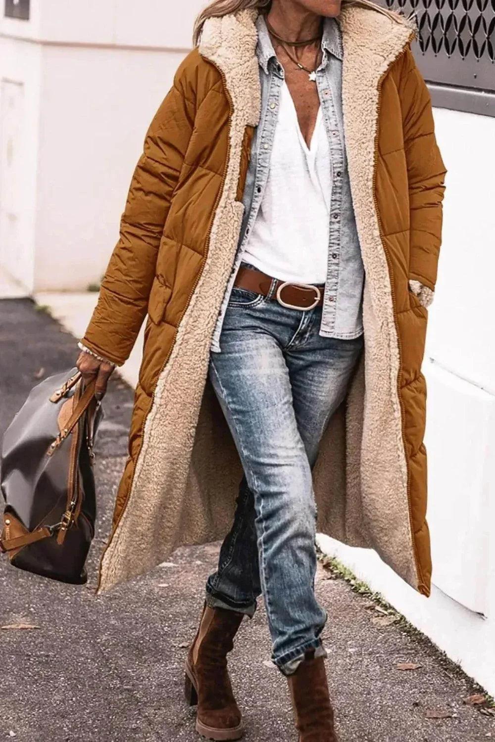Abrigo invernal acolchado largo con capucha y forro de forro polar elegante para mujeres - EX-STOCK Canada