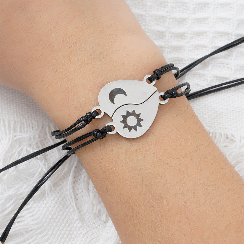 Stainless Steel Sun Moon Couple Sister Card Wax Thread Woven Bracelet Set - EX-STOCK Canada