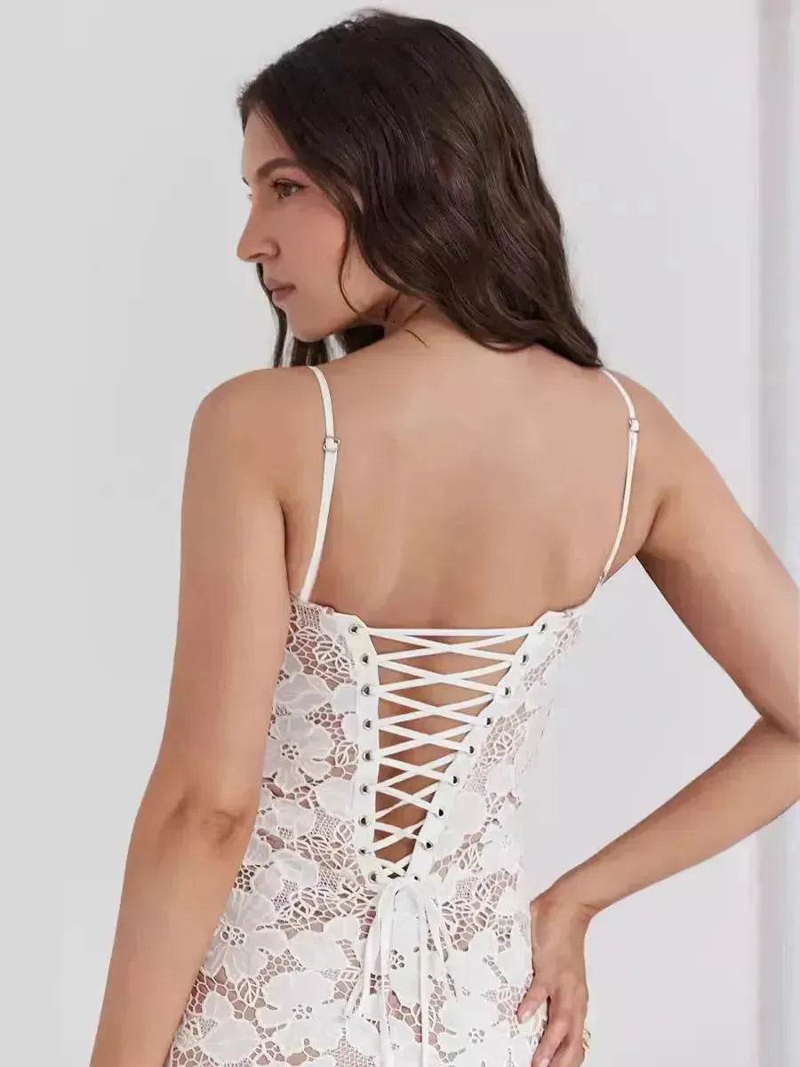 White Lace Wedding Dinner Party Cocktail Bodycon Spaghetti Strap Split Long Dress - EX-STOCK Canada